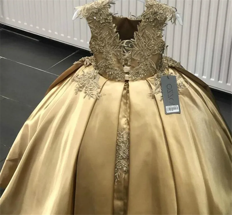 Auksas Gėlių mergaitės Suknelė Vestuvių Nėrinių Aplikacijos Satino Vaikai Birthday Party Dress Inscenizacija Suknelė