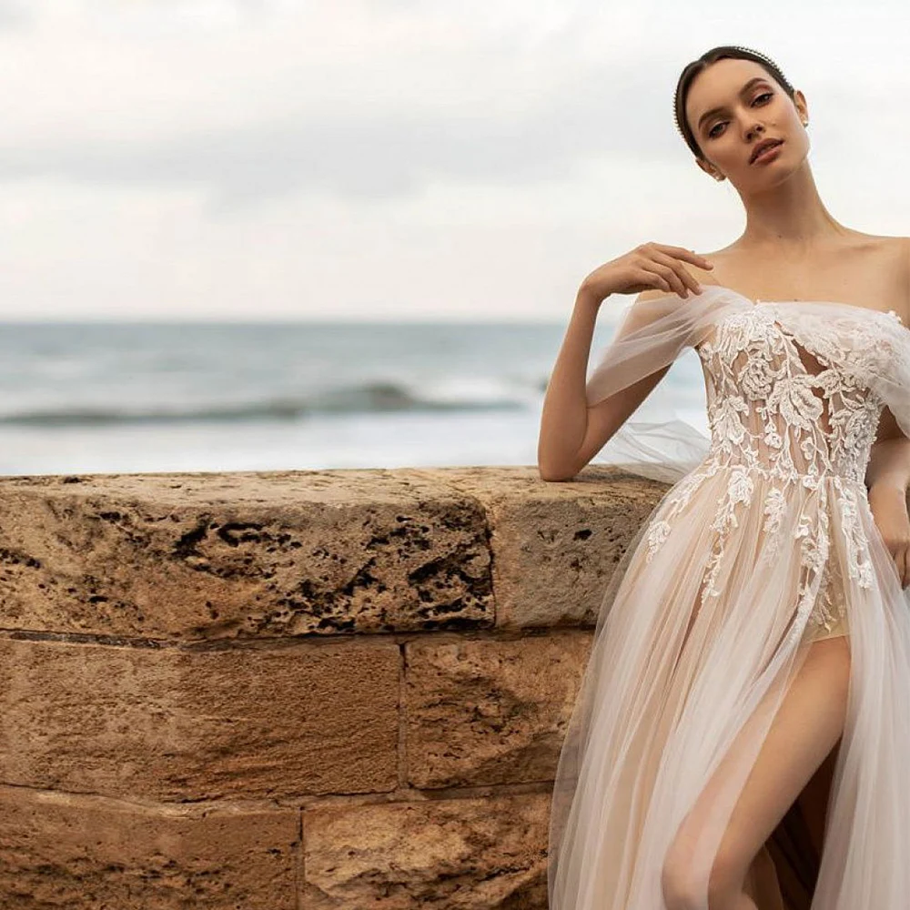 LORIE Paplūdimio Vestuvių Suknelės, Šampano 2021 Elegantiškas Samtelis Kaklo nuo Peties Valymo Traukinio-Line Boho Vestuvinės Suknelės Su Split