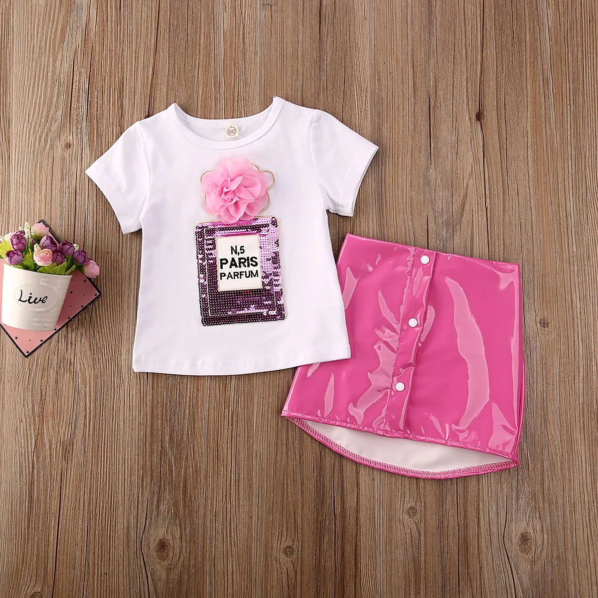 1-5Y Bamblys Kūdikis, Vaikas, Mergaičių Drabužiai Nustatyti Blizgančiais Gėlių Raštas marškinėliai + Rožinės Spalvos Pu Odos Sijonai Mados Kostiumai Vaikams