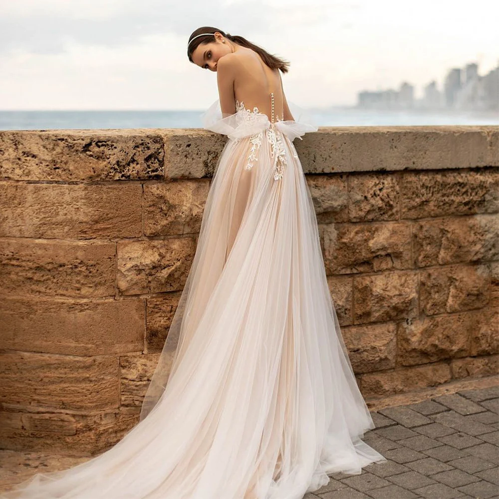 LORIE Paplūdimio Vestuvių Suknelės, Šampano 2021 Elegantiškas Samtelis Kaklo nuo Peties Valymo Traukinio-Line Boho Vestuvinės Suknelės Su Split