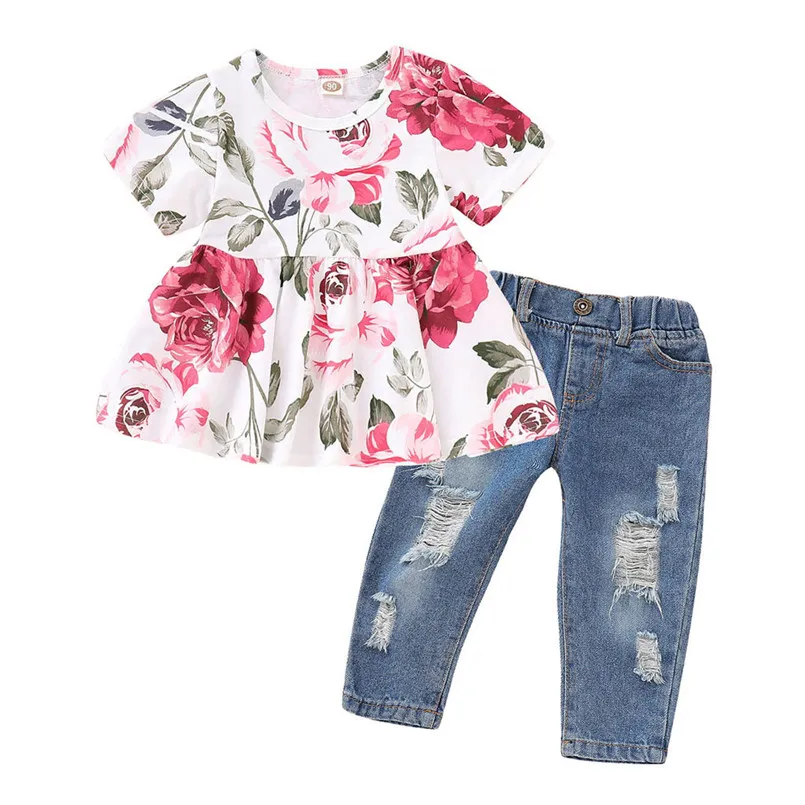 Merginos kostiumas vasaros 2019 naujas medvilnės Baby Mergaičių Gėlėti Apkarpyti Viršūnes+Skylę Džinsinio audinio Kelnės Jean Bamblys Vaikams Drabužių Rinkiniai #3A18