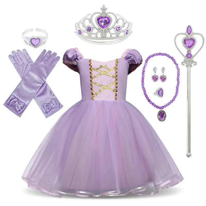 Mergaitės Rapunzel Suknelė Vaikų Fantazijos Cosplay Kostiumas su Kaspinais Vaikai Helovinas Šalis Drabužiai Princesė Sofija
