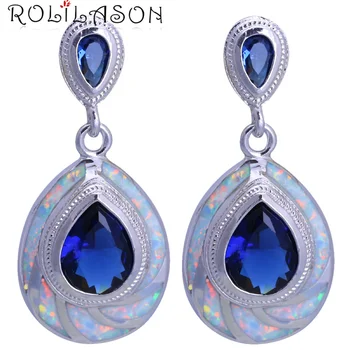 ROLILASON Vandens lašas dizainas blue crystal White Fire Opal rose aukso Sidabro spalvos antspaudas Lašas Auskarai moterims JES1145