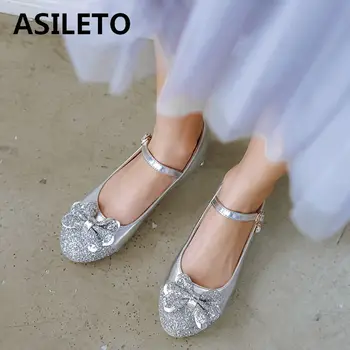 ASILETO didelis dydis 43 ballerina butai merginos butas batai blizgučiais lankai princesė vestuvių suknelė, avalynės sidabro aukso zapatos chaussres