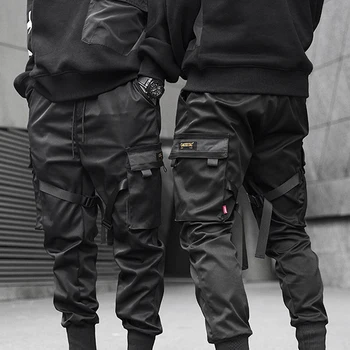 2020 Vyrų Rudens Hip-Hop Poilsiu Kelnes Juostelės Streetwear Krovinių Kelnės Kombinezonas Juodas Mados Baggy Kišenės Kulkšnies ilgio Kelnės