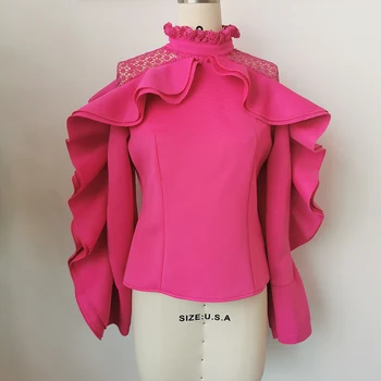 2021 Palaidinė Plius Dydžio Drabužių Moterims Marškinėliai Ilgomis Rankovėmis Moteriška Elegantiškas Stovėti Apykaklės, Pynimas Rose Red Šalies Elegantiškos Viršų Šalies Ponia