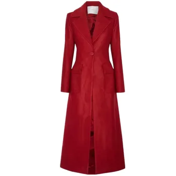 Ilgas Vilnos paltai Moterims Raudonas Atvartas Slim Tirštėti Šiltas Vilnos Mišinys kailis 2020 m. Rudens Žiemos Naujas Mados Vieną Mygtuką Viršutiniai Moterų