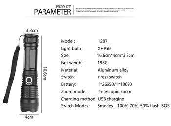 USB Zoomable Fakelas XHP50 XHP70 Įkrovimo Flashlamp galingiausių XHP70.2 LED Medžioklės Žibintuvėlis Naudoja 18650 Baterija 26650