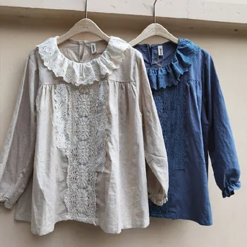 Rudenį naujų korėjos stilius laisvas siuvinėjimo skalbiniai, marškiniai, moterų ilgas rankovėmis megztinis marškinėliai lino viršūnės