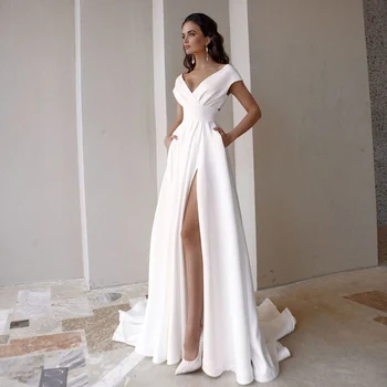 Kuklus V-Kaklo Vestuvių Suknelė 2021 Mados Trumpas Rankovės Valymo Traukinio Plyšinės Linijos Nuotakos Suknelė su Kišenėmis