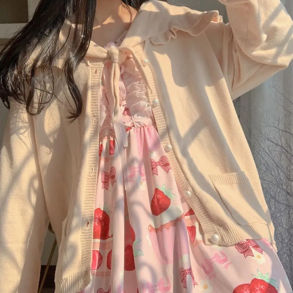 2020 M. Rudenį Naujų Japanese Lolita Saldus Preppy Stiliaus Megztiniai Kawaii Peter Pan Apykaklės Prarasti Ilgomis Rankovėmis Mezgimo Cardigan Megztiniai