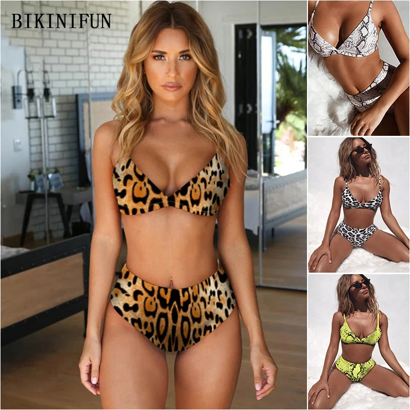 2020 Nauja Seksuali Leopard Swimsuit Moterys Snakeskin Maudymosi Kostiumą, Trikampis Bralette maudymosi Kostiumėliai, S-XL Mergina Aukšto Juosmens Paplūdimio Bikini Komplektas