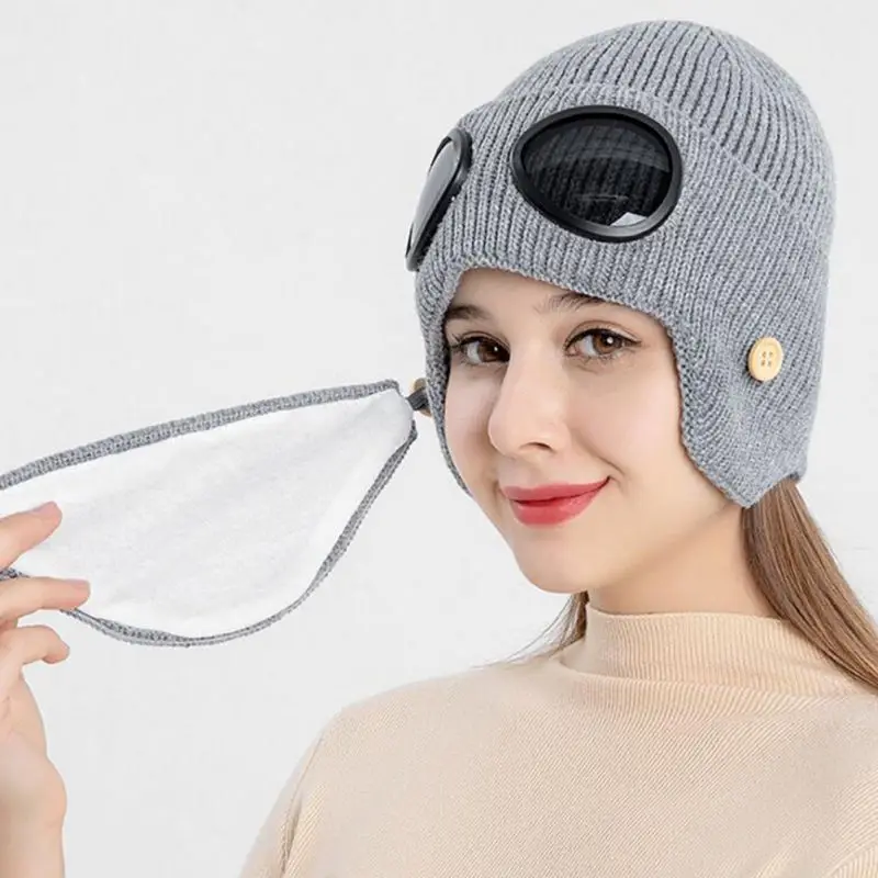 2021 Mados Unisex rusijos Žiemos Skrybėlę Šiltas Knitt Skrybėlę Moterų Pilotas juoda Ausų Flap Kepurė Su Akiniai, Ausies apsauginės ausinės galvos Apdangalai