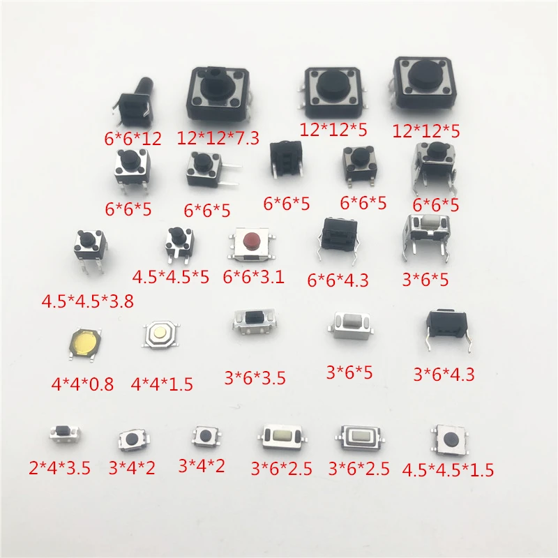 25 Modeliai 125pcs 6*6 Mikro Tact Switch Lytėjimo Mygtukas CINKAVIMAS 3*6 4*4 2*4 6*6 dėl minėto sprendimo Arduino 