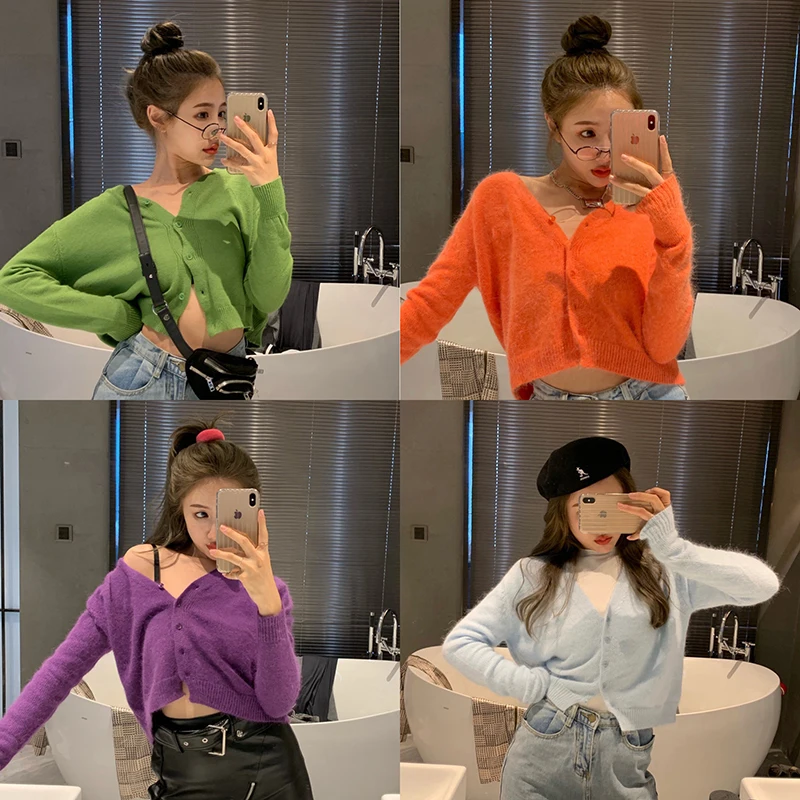 5 spalvų 2019 korėjos stiliaus plonas V kaklo megztiniai megztinis moterų apsaugos nuo saulės ilgomis rankovėmis viršūnes moterų (R88887)