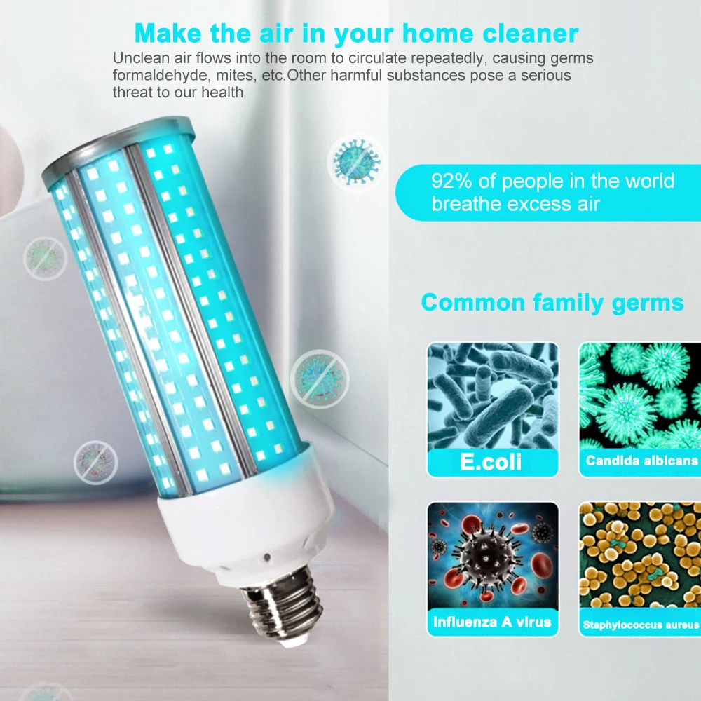 60W Baktericidiniu Šviesos Lempos, LED Kukurūzų Svogūno Vamzdis E27 Dezinfekavimo Ozono Sterilizer uv-C Nužudyti Dulkių Erkės Eliminator Ultravioletinės UV Lempos