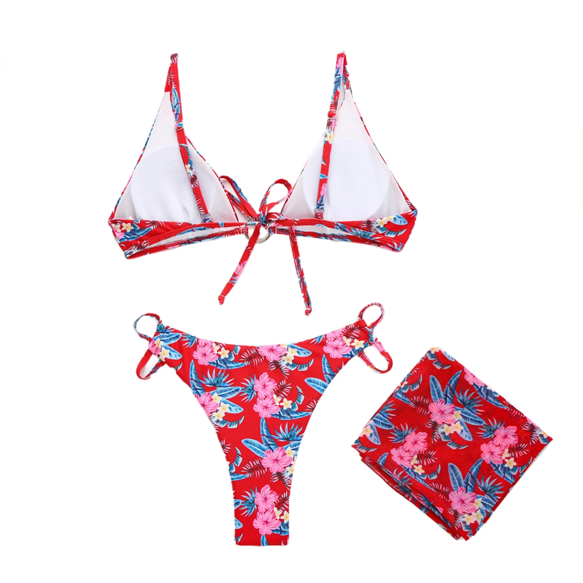 AA 3Pcs Moterys Vasarą Bikini Komplektas Ponios Kūrybos Gėlių, Augalų Spausdinimo Backless Tipo maudymosi Kostiumėliai + Wrap Moterų Plaukimo Kostiumai