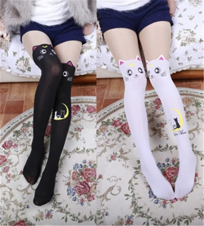 Anime Sailor Moon Kojinės Pavasario kojinių Luna Katė Animacinių filmų 3D gyvulių Moterų mergina Pėdkelnės Šilko Pėdkelnės juoda Balta Kawaii Kojinės