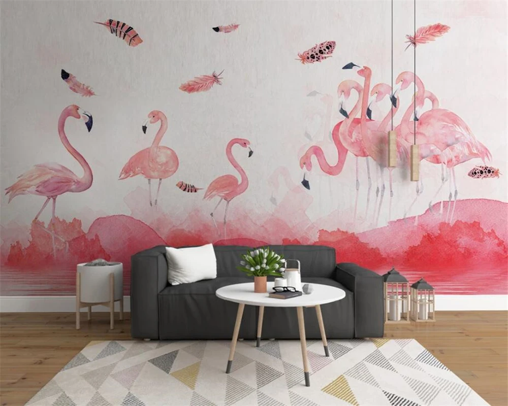 Beibehang Sienų tapetai Šiuolaikinės ranka pieštas Pink flamingo plunksnų tapetai, TV, sofa, Vaikų kambario foną sienos 3d tapetai
