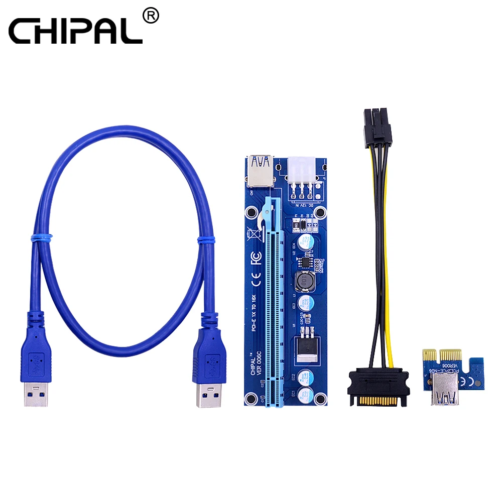 CHIPAL 10vnt VER006C 0,6 M, PCI-E Riser Card PCI Express 1X PCIE į 16X Extender USB 3.0 Kabelį 6Pin Maitinimo Bitcoin Mining