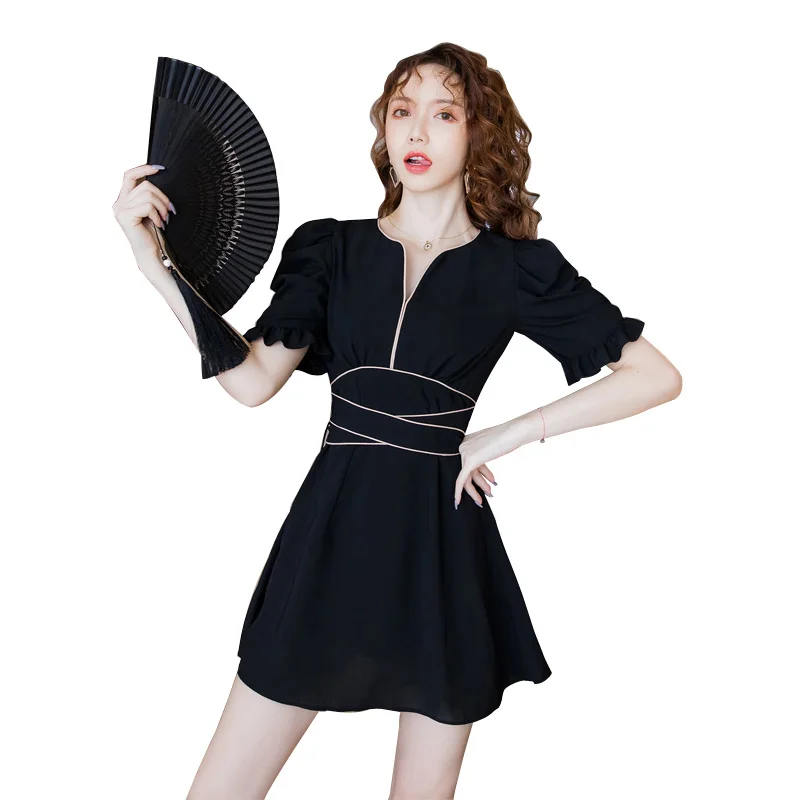 COIGARSAM prancūzų Stiliaus Moteris one-piece suknelė korėjos Vasaros Derliaus Aukšto Juosmens V-Kaklo Suknelės Juoda 8375