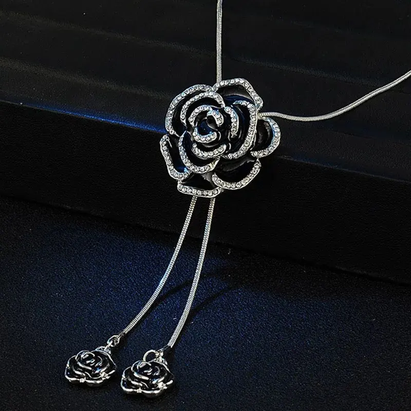 Camellia Juoda Gėlės Žinomas Prabangos Prekės ženklo Dizaineris Neckless collares largos Žavesio Papuošalai, Ilgi Karoliai Moterims