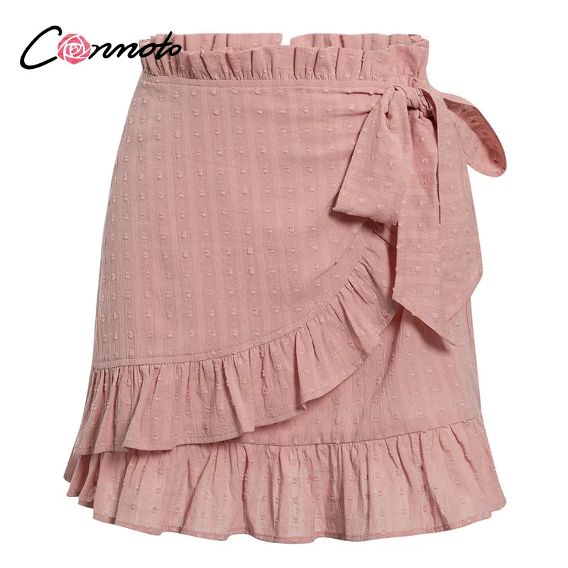 Conmoto lankas mini atsitiktinis, kietas wrap sijonai moterims raukiniai derliaus sijonai feminino aukšto juosmens paplūdimio rožinės spalvos trumpas femme sijonas