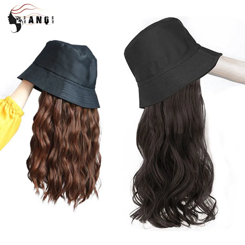 DIANQI sintetinių plaukų perukas moterims,natūralūs banguoti juoda / ruda plaukų,ryšys su juoda žvejys skrybėlę, nr. reguliuojamas mergaitėms