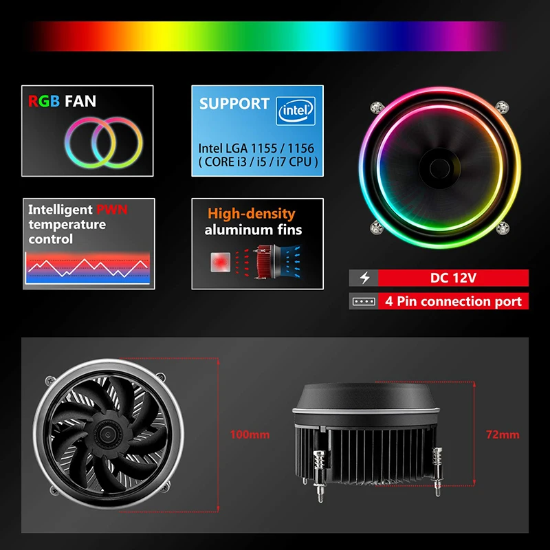 DarkFlash Šešėlis PWM CPU Aušintuvo AURA SYNC Aušinimo Dvigubą Žiedą LED Ventiliatorius 100mm 3pin+4pin Radiatorių už LGA 1156/1155/775 TDP 280W