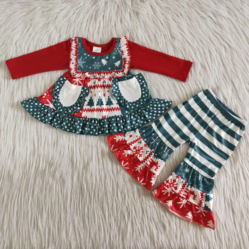 Didmeninės kūdikių merginos kalėdų eglutė madingi drabužiai ilgomis rankovėmis kišenėje marškinėliai pynimas kelnes rinkiniai kūdikiams, vaikams boutique drabužių