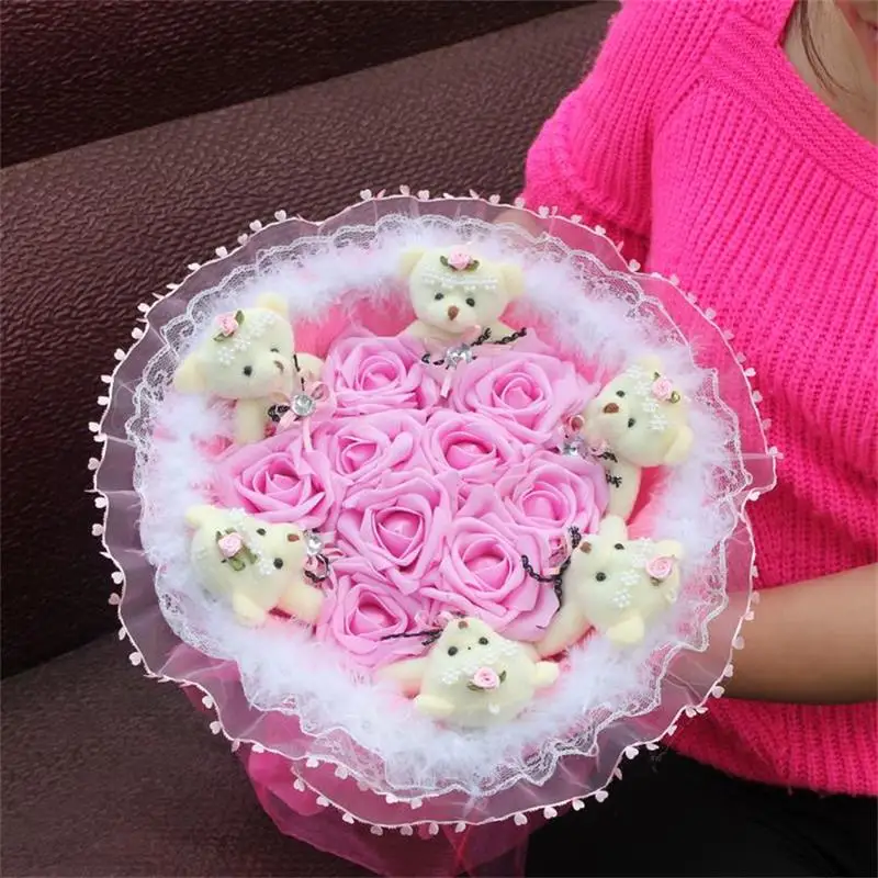Dirbtiniai PE Putos, Rožių Žiedų su meškiukas pliušinis kūrybos gėlių puokštė Namų Vestuvių Dekoro Valentino Diena dovana