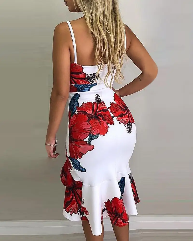 Elegantiškas Boho Gėlių Spausdinti Ritininės Raukiniai Mini Suknelė Moterims Spageti Dirželis V Kaklo Backless Bodycon Suknelė