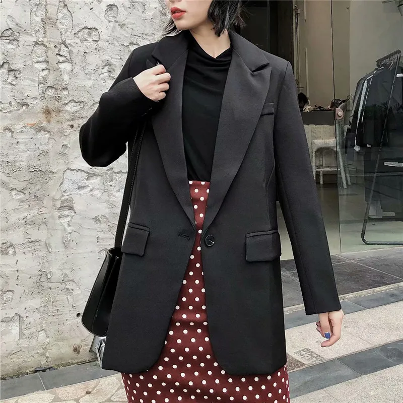 Elegantiškas kieto pagrindinių moterų švarkas įpjovomis apykaklės vieną mygtuką kišenės juoda striukė moteriška office nešioti, kailis viršūnės