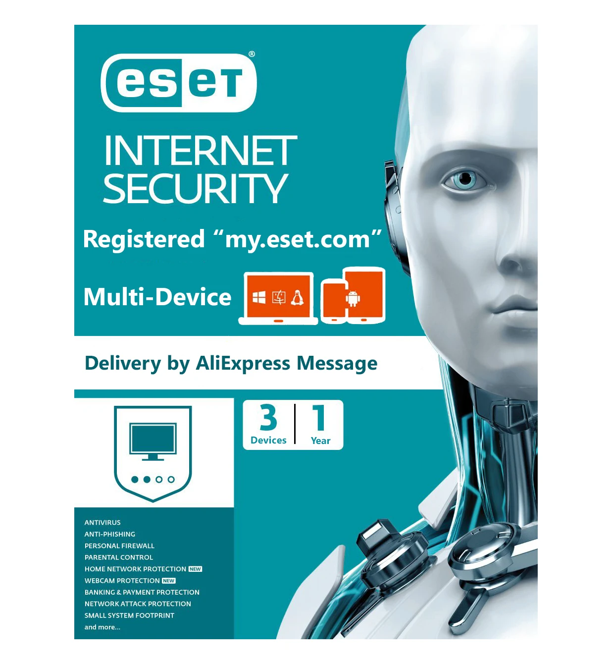 Eset Internet Security - 3 Multi-Prietaisas - 1 Metus - Naujausia Versija 2021 - Antivirusinė Programinė Įranga