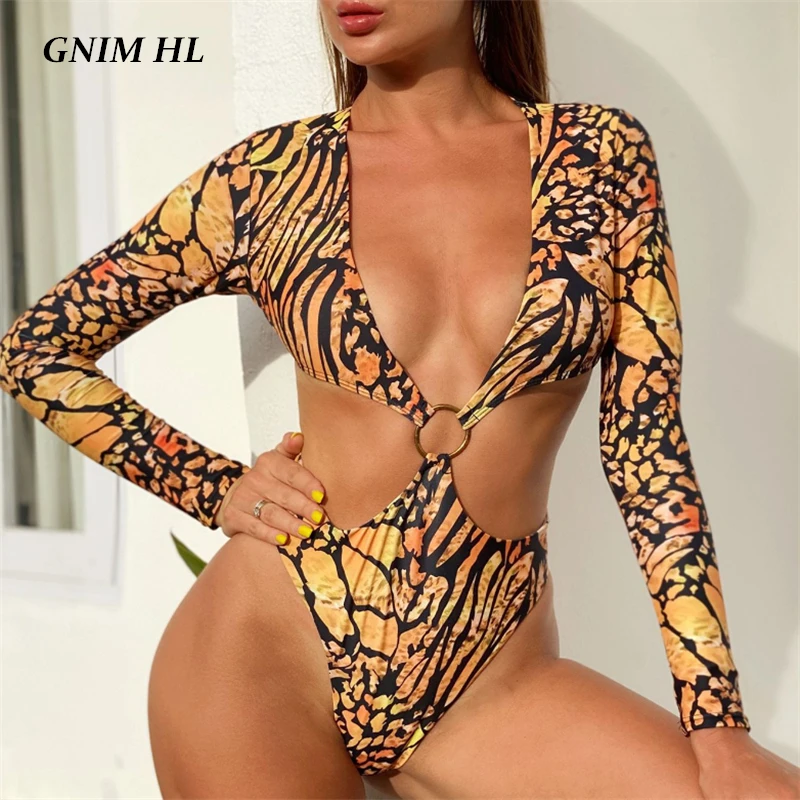 GNIM ilgomis Rankovėmis maudymosi Kostiumėliai Moterims, Leopardas spausdinimui Bikini Mujer 