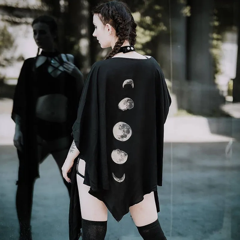 Gotikos Mėnulio Fazės Didžiuliais Neteisėtų Juodas Apsiaustas Moterų Rudenį, Žiemą 2020 Geometrinis Y2k Grafinis Goth Outwear Pončai Ponios