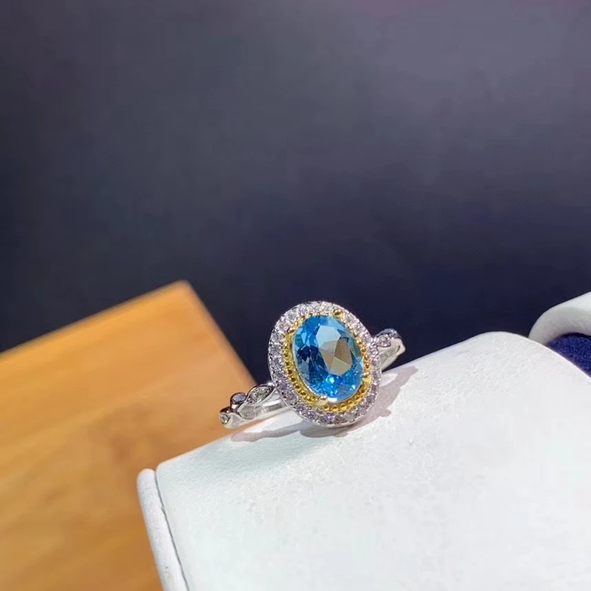 Gražus gamtos topazas žiedas moterims sidabro žiedas vandenyno mėlynos spalvos gamtos perlas nekilnojamojo 925 sidabro mergina gimtadienio dovana ovalo formos perlas