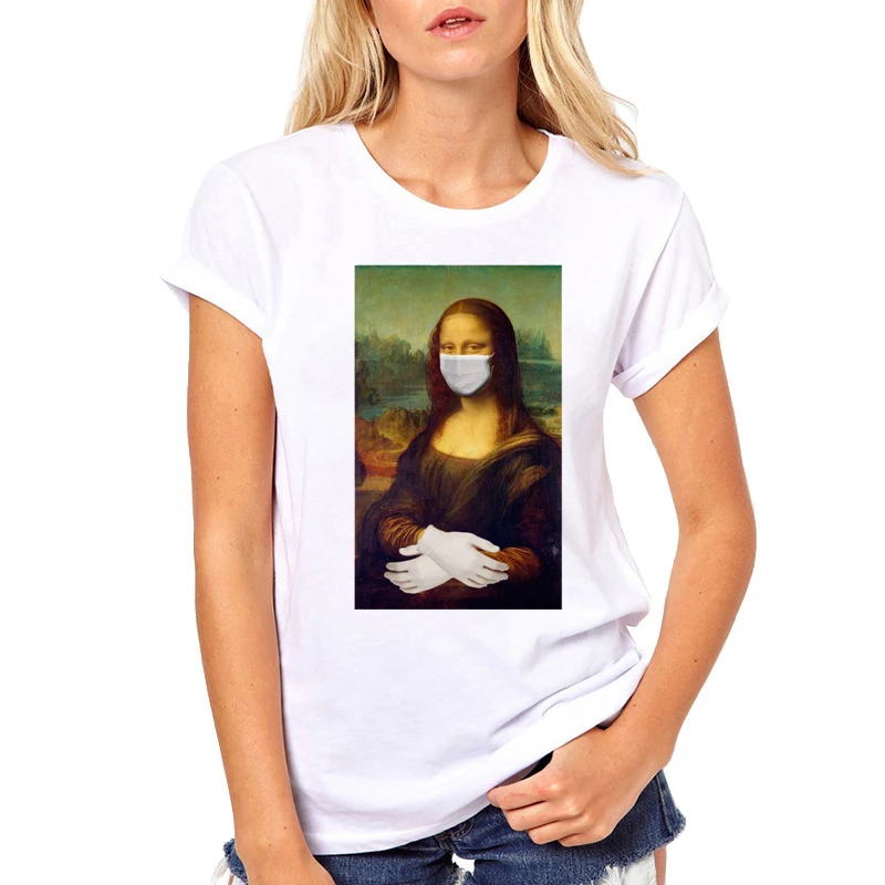 Hipster Pažymėtas Mona Lisa Spausdinami T Marškinėliai trumpomis Rankovėmis Tees Juokinga Viršūnes TEEHUB Naują Atvykimo Mona Lisa Su Kauke Moterys T-Shirt