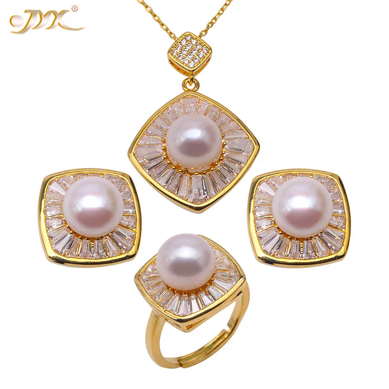 JYX Elegantiškas cirkonis šviečia 925 sidabro gėlavandenių perlų rinkinį 9-9.5 mm, ovalo formos apvalios vestuvių rinkiniai papuošalų žiedas