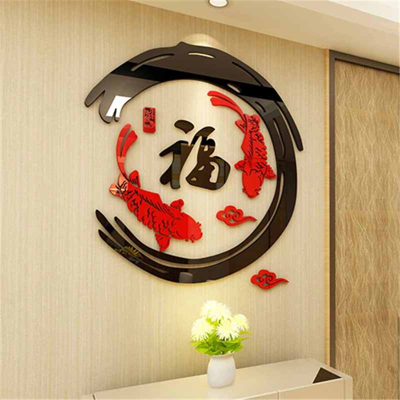 Kinų stiliaus Lucky Žuvų 3D Akrilo Sienų lipdukai gyvenamasis kambarys sofos, Sienų Apdaila Įėjimo Restoranas 