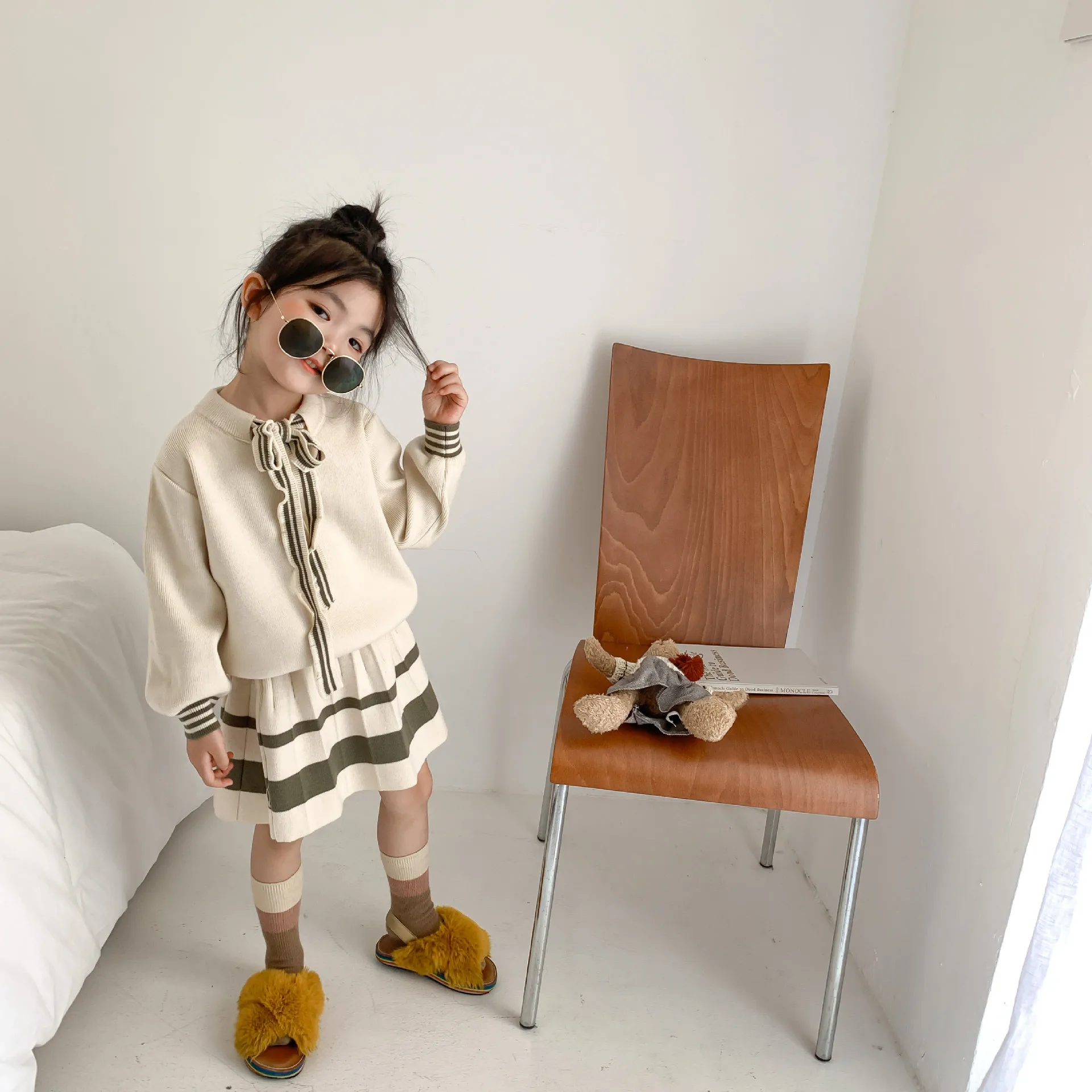 Korėjos Mergaičių Koledžas Stiliaus Megztiniai Megztinis Nustatyti Kūdikio Baby Girl Apvalios Kaklo Marškinėliai, Klostuotas Sijonas Dviejų Dalių Rinkinys Drabužiai Vaikams Mergaitėms