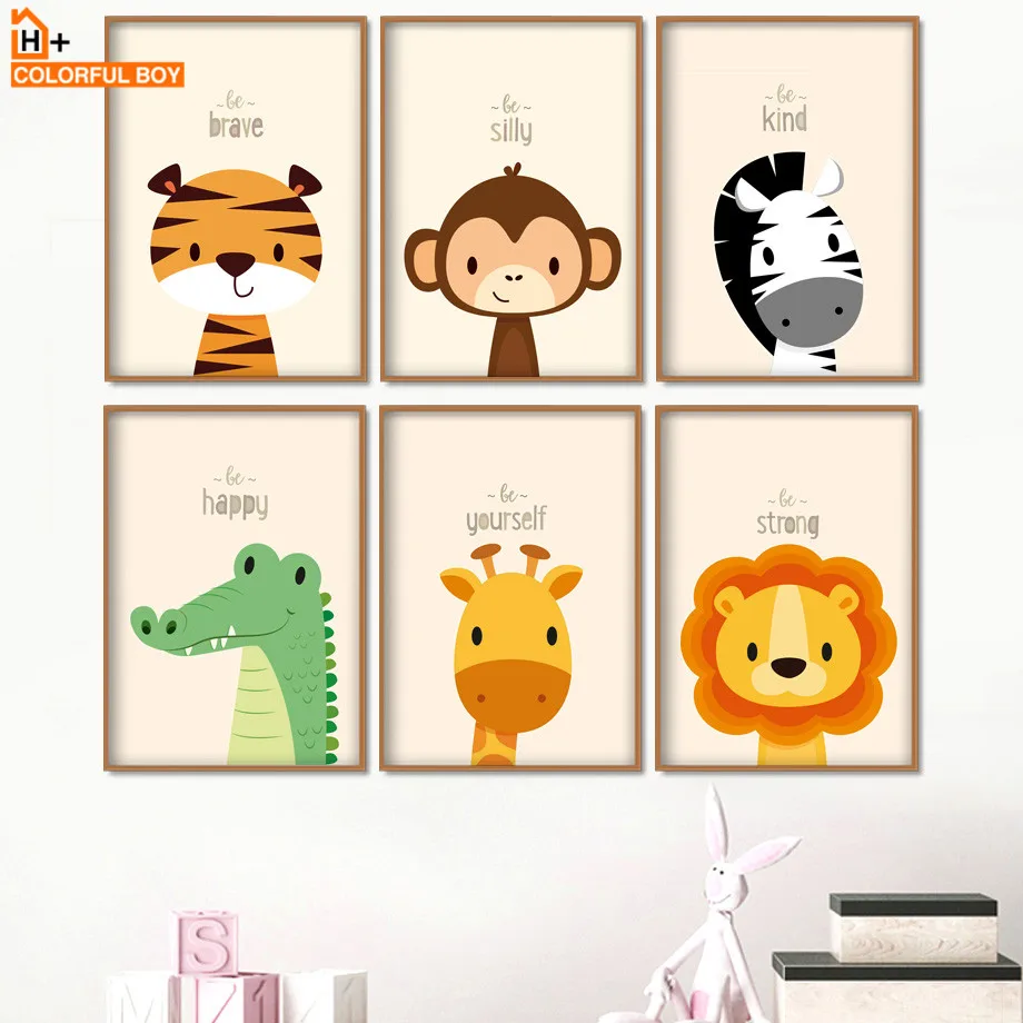 Kūdikių Liūtas, Tigras, Beždžionė Zebra Gyvūnų Sienos Meno Tapybos Drobės Animacinių Filmų Šiaurės Plakatai Ir Spausdina Sienos Nuotraukas Berniukas Vaikai Kambario Dekoro
