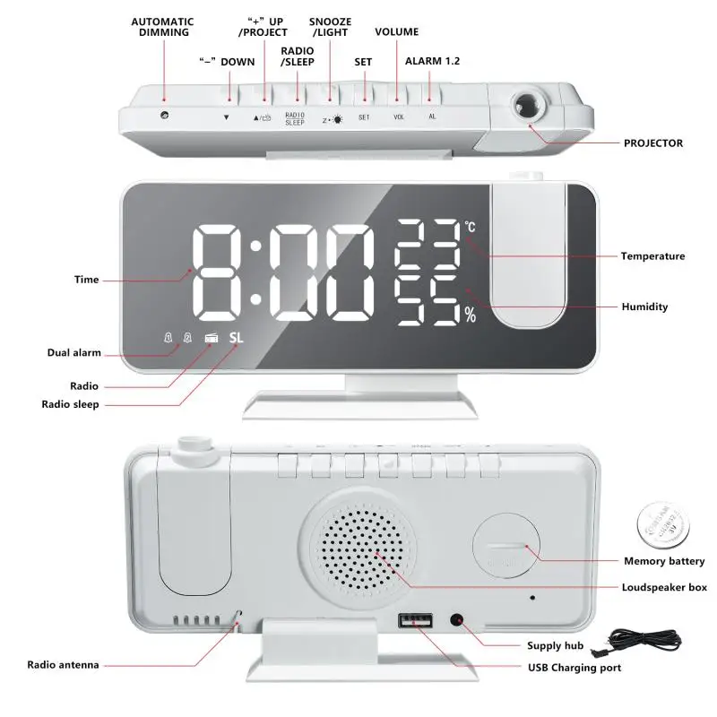LED Skaitmeninis Laikrodis-Žadintuvas Žiūrėti Lentelėje Elektroninių Darbalaukio Laikrodžius, USB Pabusti FM Radijas Laiko Projektorius Atidėjimo Funkcija, Žadintuvas