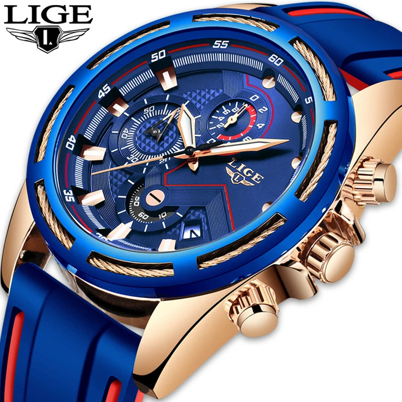 LIGE Verslo Vyrų Laikrodžiai Top Brand Prabanga Karinės Mėlyna Sporto Silikono Riešo Žiūrėti Žmogui Laikrodis Mados Chronograph Laikrodis