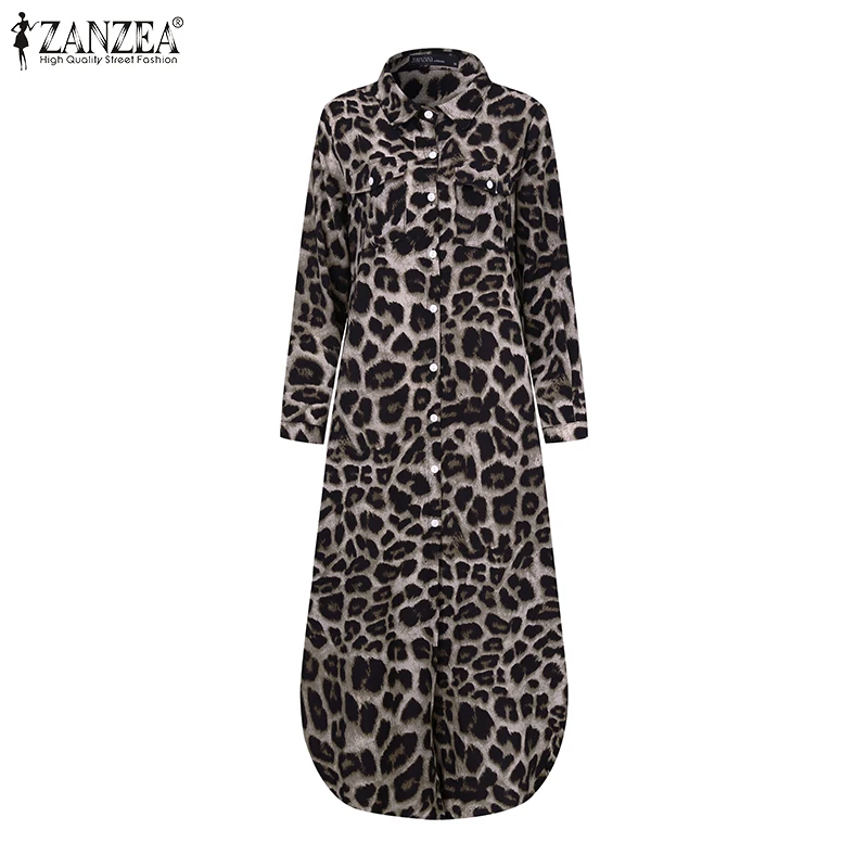 Leopard Suknelės Moterų Atvartas Ilgai Vestidos Moterų Rudens Mados Marškinėliai Suknelė Atsitiktinis Derliaus ZANZEA Šalis Atostogų Longue Skraiste, 5XL