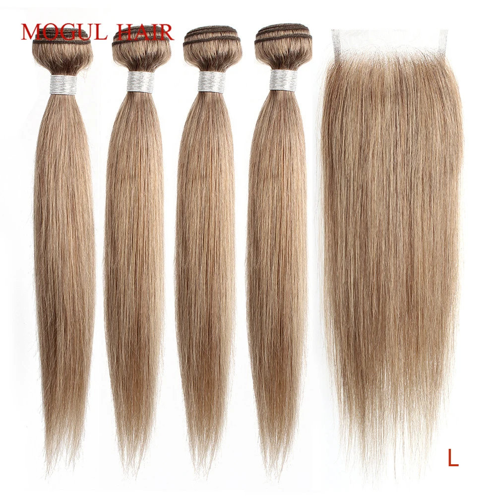 MOGUL PLAUKŲ Spalva 8 Pelenų Blond Tiesiai Ryšulius Su Uždarymo 16-24 colių Anksto Spalvos Brazilijos Ne Remy Human Hair Extension