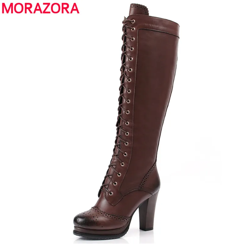 MORAZORA Plius dydis 34-43 Naujus natūralios odos kelio auliniai batai moterims nėrinių platforma, kulniukai žiemos jojimo batai moterų avalynė