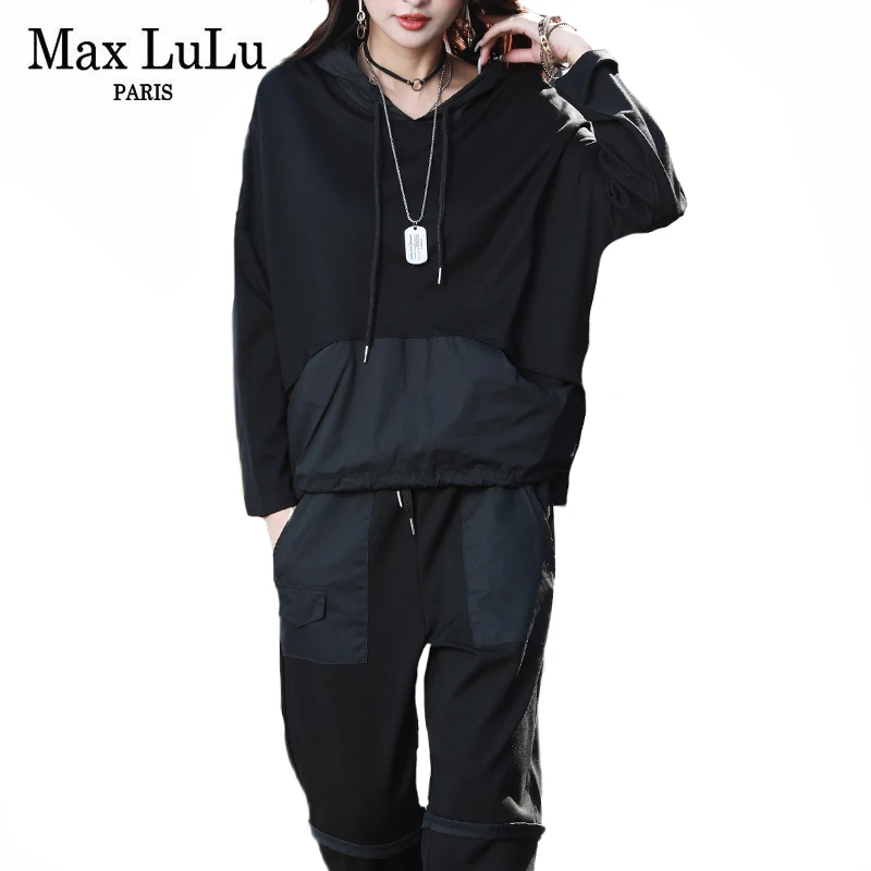 Max LuLu 2021 M. Pavasarį Korėjos Mados Ponios Punk Stiliaus Dviejų Dalių Rinkiniai Moterų Atsitiktinis Gobtuvu Tinka Palaidi Viršūnės Ir Kelnės Plius Dydis
