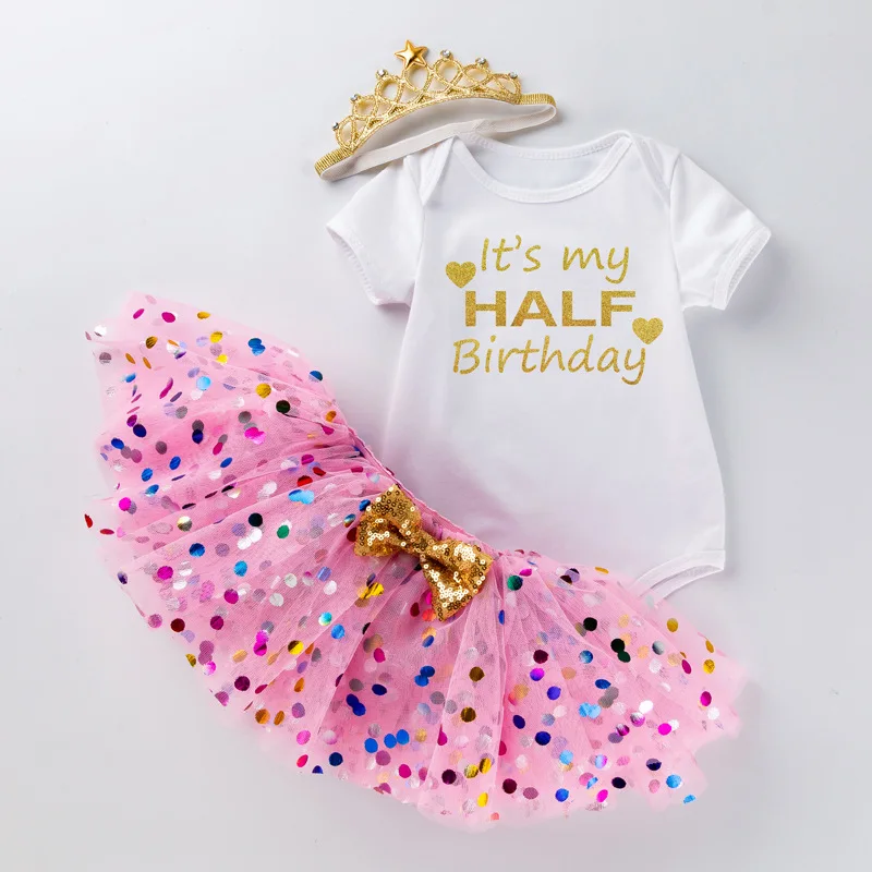 Mielas Princesė Baby Girl Pirmąjį Pusmetį Gimtadienio Drabužių Rinkiniai Blizgučiais Tutu Sijonas Šalies Kostiumai Su Karūna 3pcs Nustatyti Romper Sijonai