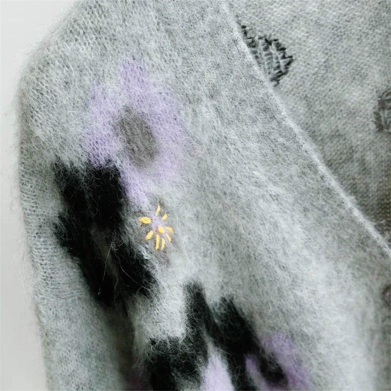 Moherio Prekės ženklo mados moterų high-end luxury žiemos moheros žakardo V-kaklas vidutinio ilgio megzti megztinis moterims, laisvas megztinis